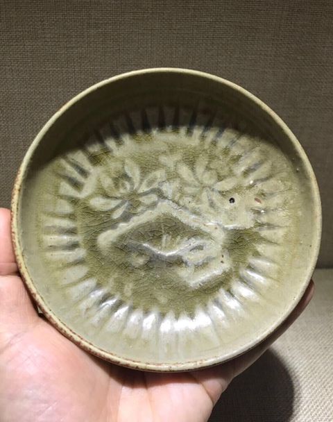 古玩陶瓷元耀州窯青釉印花盤拍賣，當前價格3800元