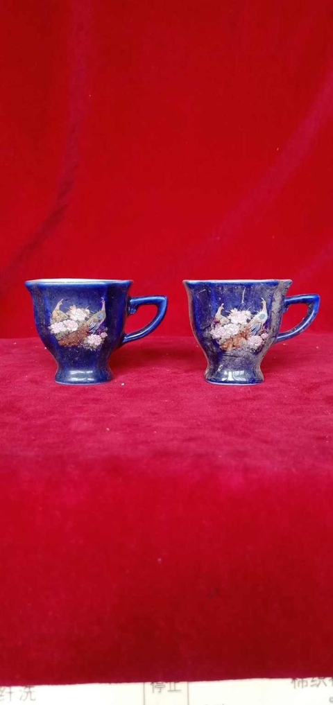 古玩陶瓷霽藍釉粉彩雙鳳紋手把杯{兩只}拍賣，當前價格198元