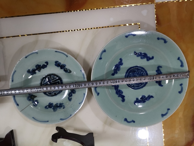 古玩陶瓷成化款豆青釉青花五福同壽盤拍賣，當前價格580元