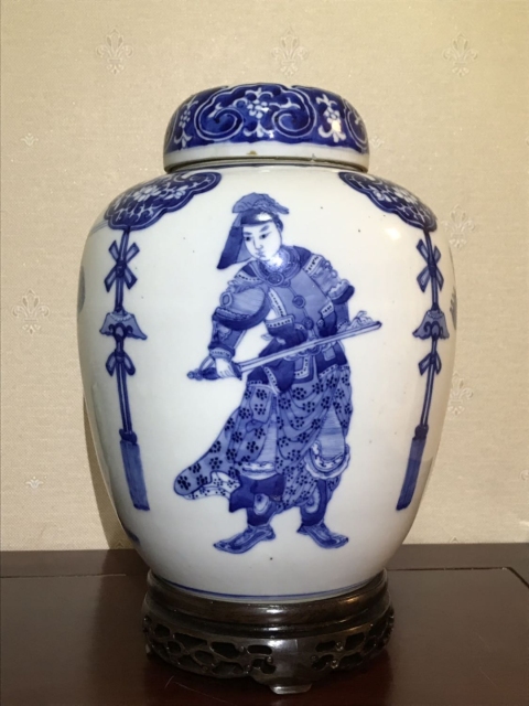 古玩陶瓷清晚期青花無雙譜人物紋蓋罐拍賣，當前價格21800元