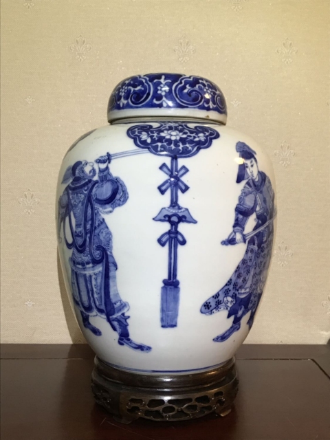 古玩陶瓷清晚期青花無雙譜人物紋蓋罐拍賣，當前價格21800元