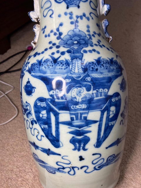 古玩陶瓷豆青釉青花博古花卉紋瓶拍賣，當前價格12000元