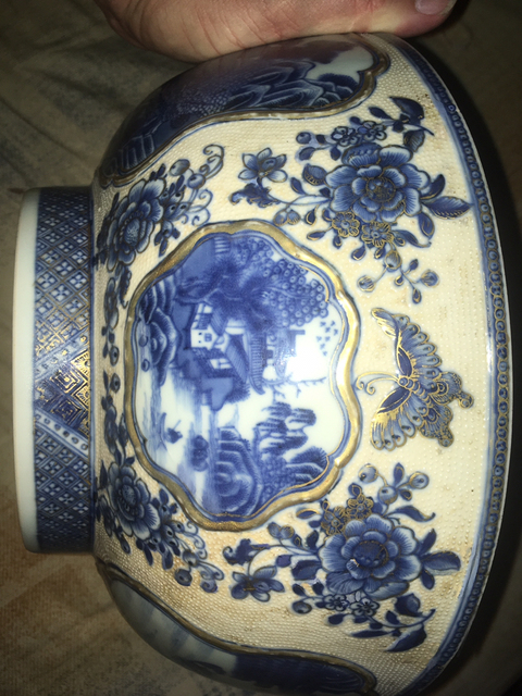 古玩陶瓷青花描金花卉開光山水亭臺紋碗拍賣，當前價格13000元