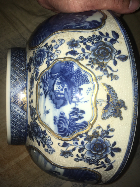 古玩陶瓷青花描金花卉開光山水亭臺紋碗拍賣，當前價格13000元