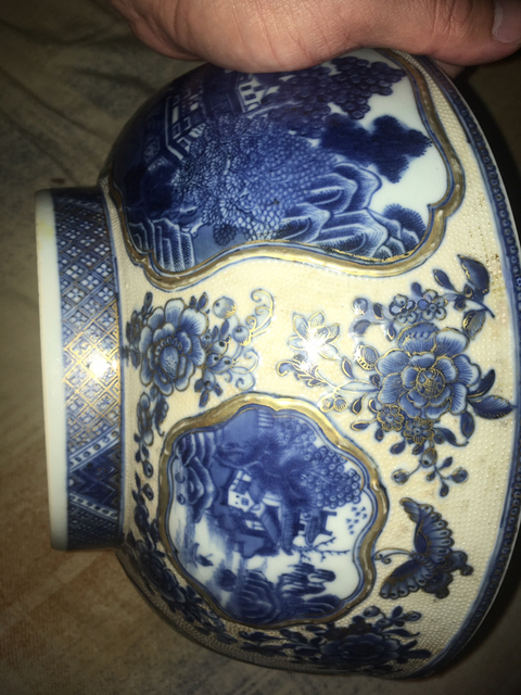 古玩陶瓷青花描金花卉開光山水亭臺紋碗拍賣，當前價格13000元