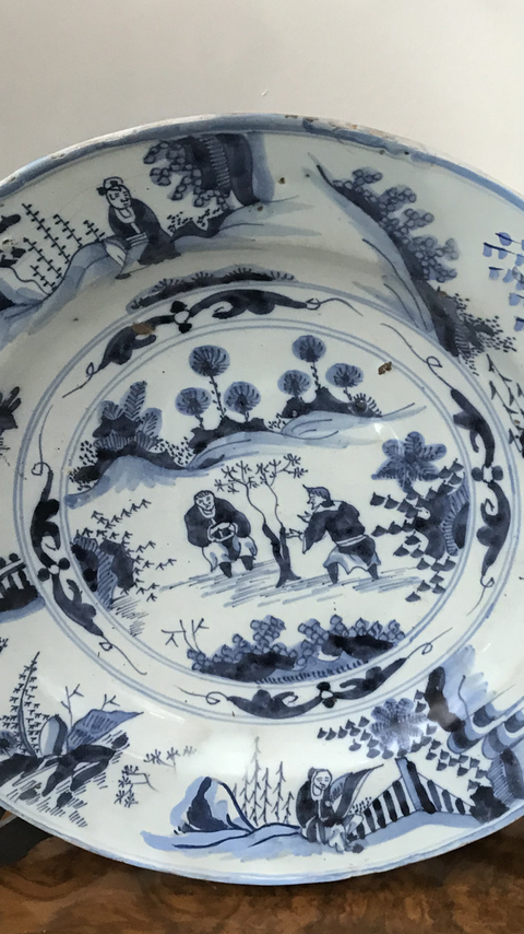 古玩陶瓷青花人物農作圖折腰盤拍賣，當前價格7000元