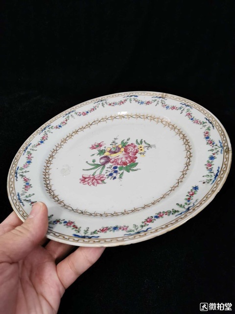 古玩陶瓷粉彩折枝花卉紋折腰淺盤拍賣，當前價格9000元