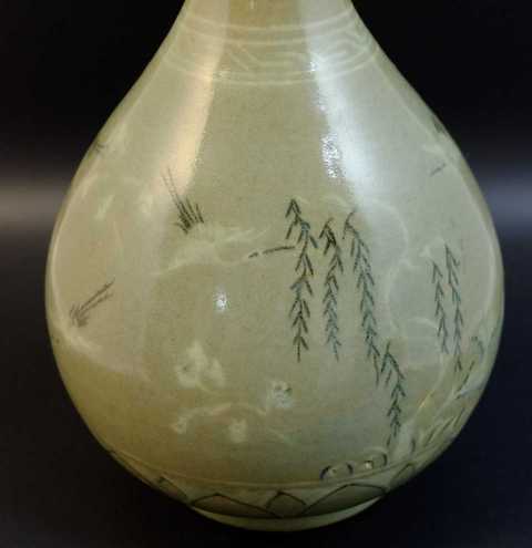 古玩陶瓷高麗瓷青釉松鶴紋玉壺春瓶拍賣，當前價格3000元