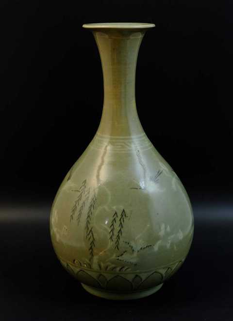 古玩陶瓷高麗瓷青釉松鶴紋玉壺春瓶拍賣，當前價格3000元