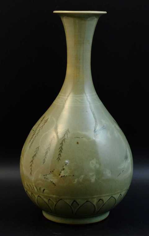 古玩陶瓷高麗瓷青釉松鶴紋玉壺春瓶拍賣，當前價格3000元