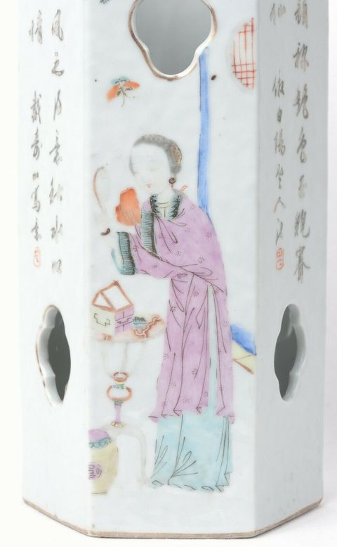 古玩陶瓷粉彩侍女人物紋六方鏤空帽筒拍賣，當前價格9680元