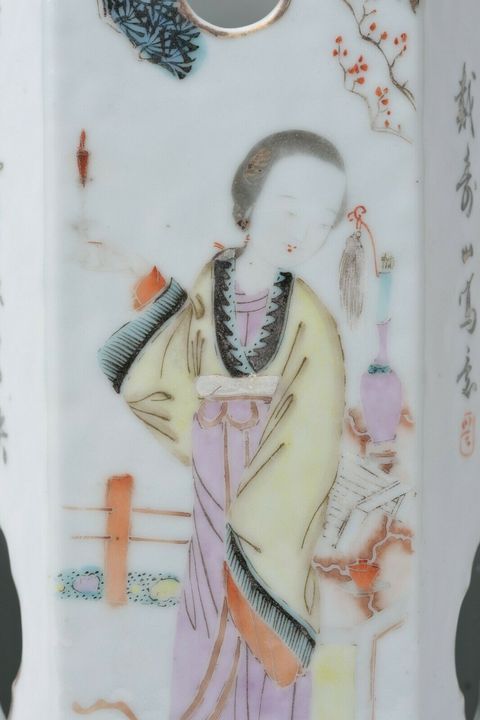 古玩陶瓷粉彩侍女人物紋六方鏤空帽筒拍賣，當前價格9680元