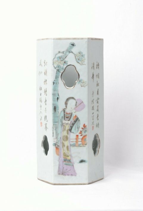 古玩陶瓷粉彩侍女人物紋六方鏤空帽筒拍賣，當前價格9680元