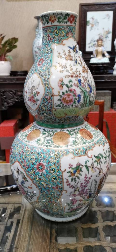 古玩陶瓷粉彩開光廣彩花鳥花卉紋葫蘆瓶拍賣，當前價格28000元