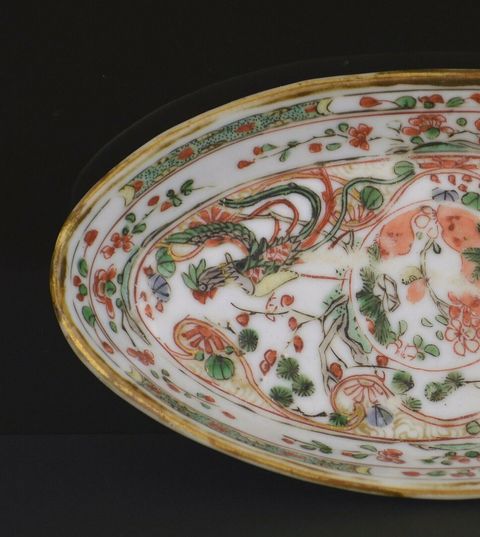 古玩陶瓷五彩鳳穿花紋橢圓型盤拍賣，當前價格7000元