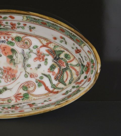 古玩陶瓷五彩鳳穿花紋橢圓型盤拍賣，當前價格7000元