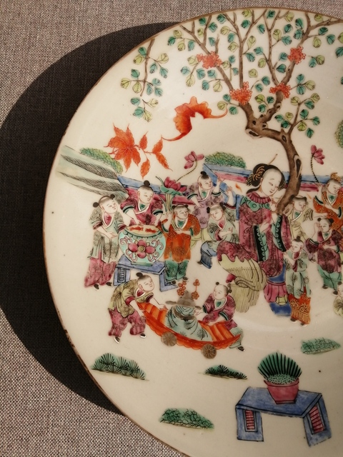 古玩陶瓷清光緒 ?粉彩仕女百子圖盤拍賣，當前價格13890元