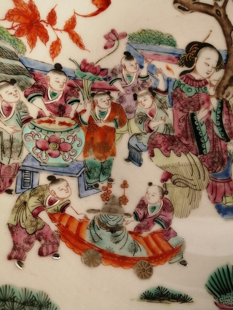 古玩陶瓷清光緒 ?粉彩仕女百子圖盤拍賣，當前價格13890元