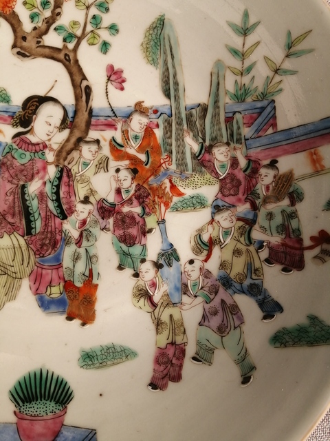 古玩陶瓷清光緒 ?粉彩仕女百子圖盤拍賣，當前價格13890元