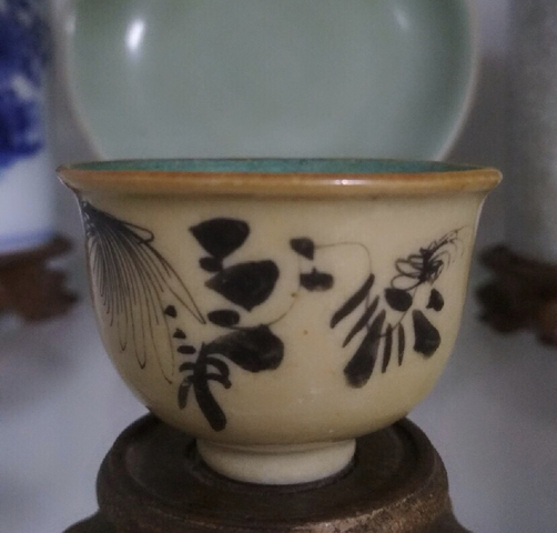 古玩陶瓷松石綠釉花卉詩文杯拍賣，當前價格12900元