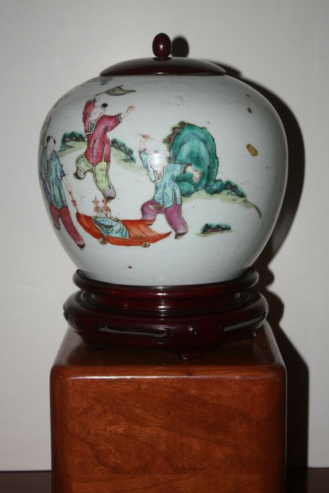 古玩陶瓷粉彩五子登科冠帶流傳紋西瓜罐拍賣，當前價格12600元