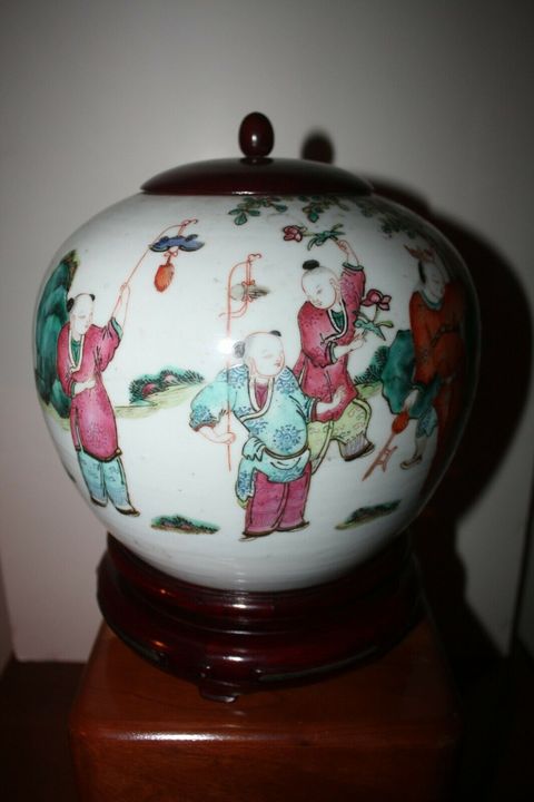 古玩陶瓷粉彩五子登科冠帶流傳紋西瓜罐拍賣，當前價格12600元