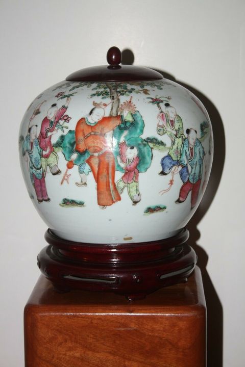 古玩陶瓷粉彩五子登科冠帶流傳紋西瓜罐拍賣，當前價格12600元