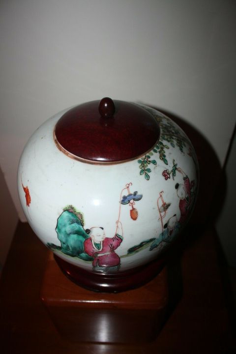 古玩陶瓷粉彩五子登科冠帶流傳紋西瓜罐拍賣，當前價格12600元