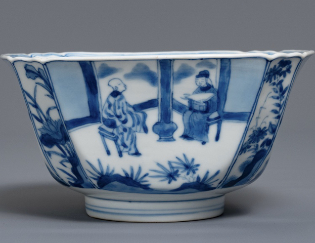 古玩陶瓷清康熙  青花西廂記人物故事圖花口碗拍賣，當前價格13800元