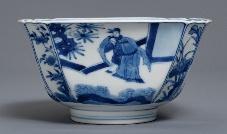 古玩陶瓷清康熙  青花西廂記人物故事圖花口碗拍賣，當前價格13800元