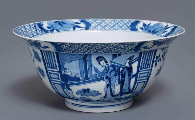 古玩陶瓷青花西廂記人物故事紋折沿碗拍賣，當前價格9500元