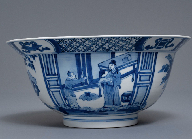 古玩陶瓷青花西廂記人物故事紋折沿碗拍賣，當前價格9500元