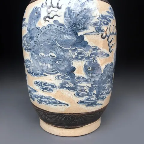 古玩陶瓷哥釉鐵銹紅工藝青花太師少師紋雙耳大瓶拍賣，當前價格8000元