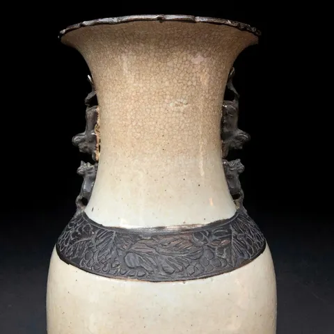 古玩陶瓷哥釉鐵銹紅工藝青花太師少師紋雙耳大瓶拍賣，當前價格8000元