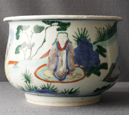 古玩陶瓷清順治 ?青花五彩羅漢圖香爐拍賣，當前價格11000元