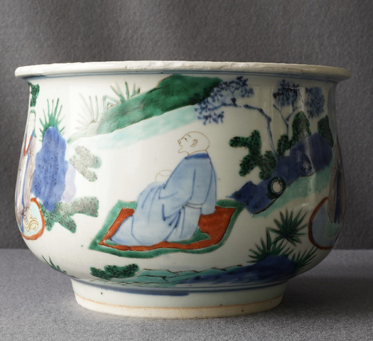 古玩陶瓷清順治 ?青花五彩羅漢圖香爐拍賣，當前價格11000元