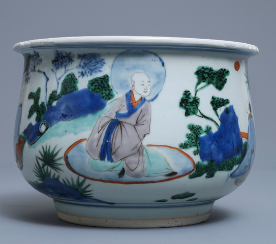 古玩陶瓷清順治 ?青花五彩羅漢圖香爐拍賣，當前價格11000元