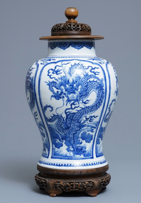 古玩陶瓷青花海水龍紋將軍罐拍賣，當前價格9800元