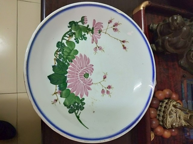 古玩陶瓷民國 ?青花彩繪菊花紋盤拍賣，當前價格6000元