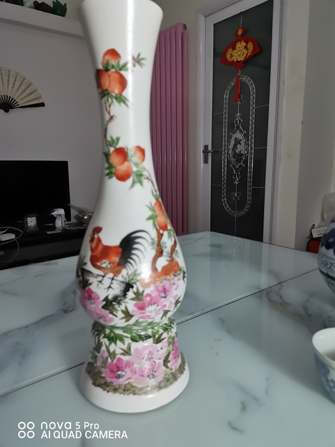 古玩陶瓷大雞圖彩繪長頸瓶拍賣，當前價格8000元