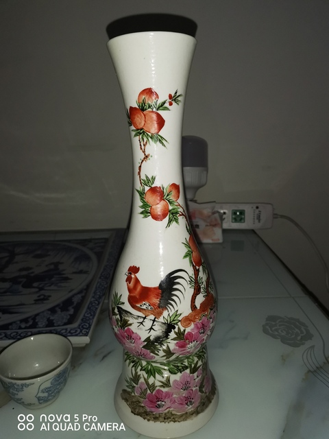 古玩陶瓷大雞圖彩繪長頸瓶拍賣，當前價格8000元