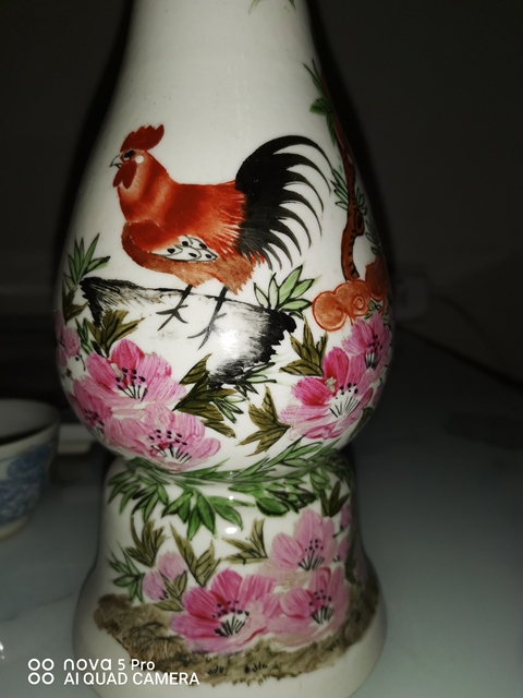 古玩陶瓷大雞圖彩繪長頸瓶拍賣，當前價格8000元