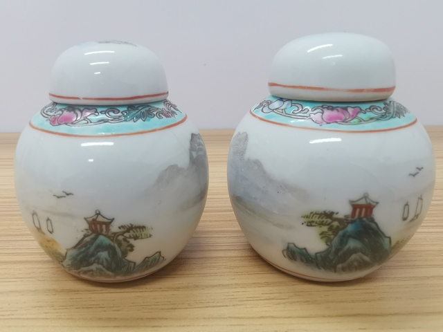 古玩陶瓷山水粉彩蓋罐一對拍賣，當前價格1元