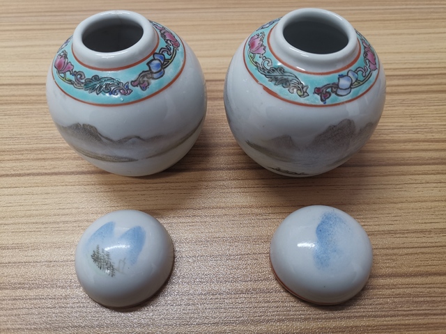 古玩陶瓷山水粉彩蓋罐一對拍賣，當前價格1元