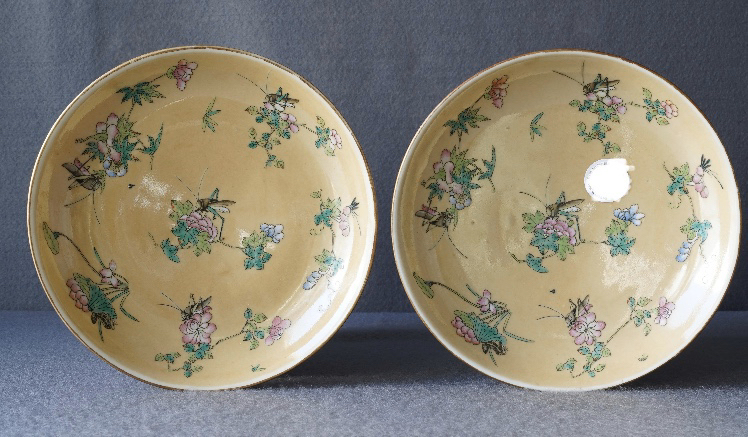 古玩陶瓷米黃釉粉彩蟲草紋盤一對拍賣，當前價格5800元