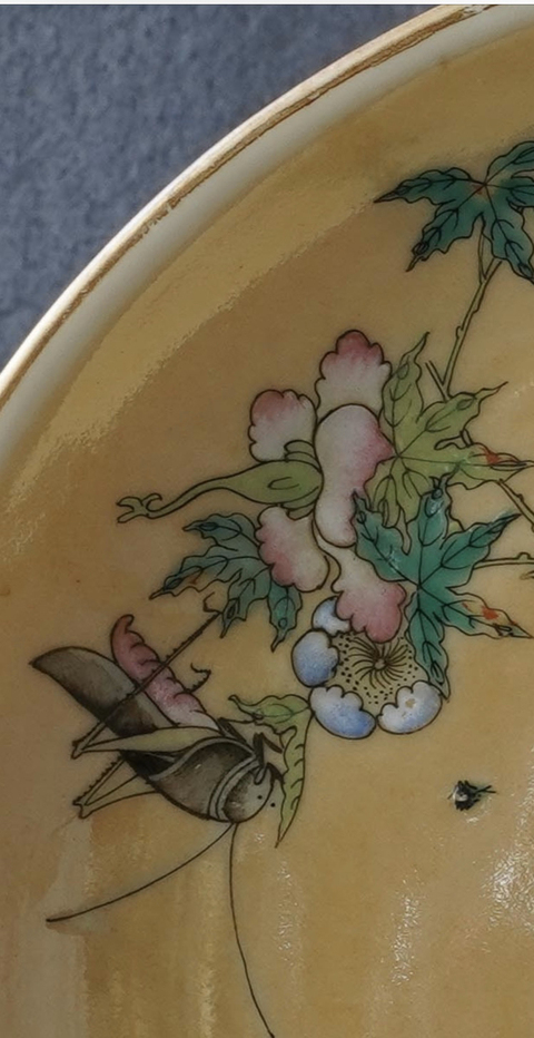 古玩陶瓷米黃釉粉彩蟲草紋盤一對拍賣，當前價格5800元