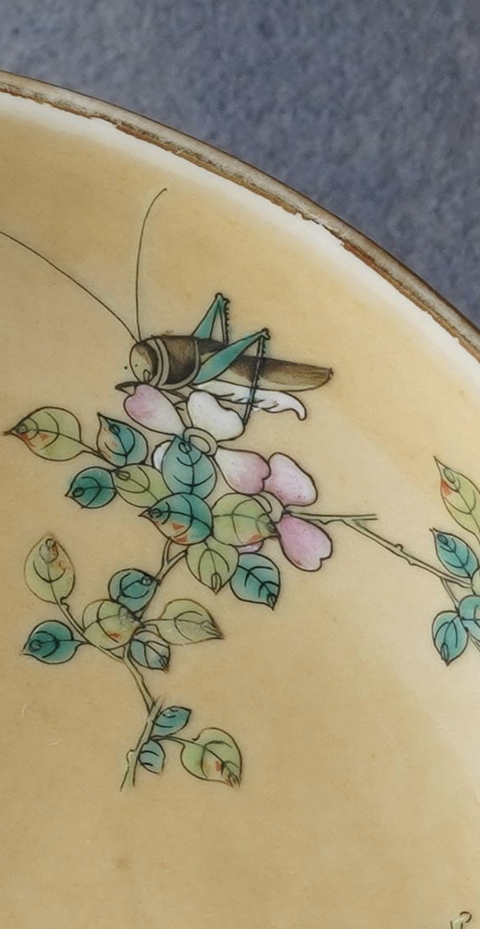 古玩陶瓷米黃釉粉彩蟲草紋盤一對拍賣，當前價格5800元