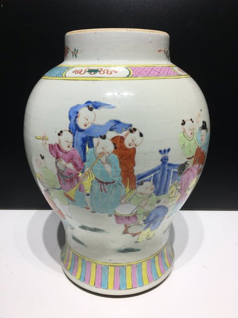 古玩陶瓷雍正至乾隆粉彩嬰戲圖將軍罐拍賣，當前價格13800元