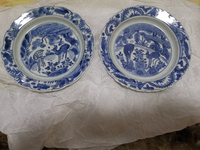 古玩陶瓷萬歷青花喜鹿封侯紋花口盤拍賣，當前價格9000元