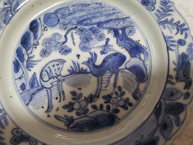 古玩陶瓷萬歷青花喜鹿封侯紋花口盤拍賣，當前價格9000元